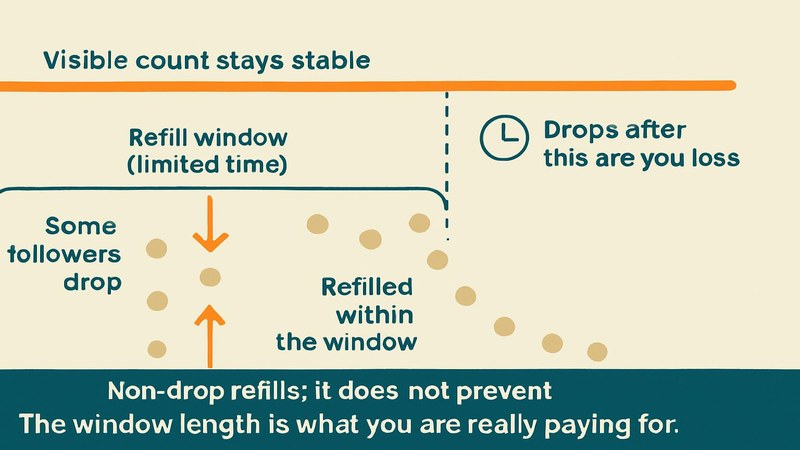 How a non-drop refill guarantee keeps a follower count stable within a time window and dips after it closes — FastGrow delivers Instagram follower services