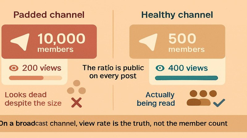 How a padded channel with a low view rate looks worse than a smaller channel with a high view rate — FastGrow delivers Telegram services for Jaipur channels
