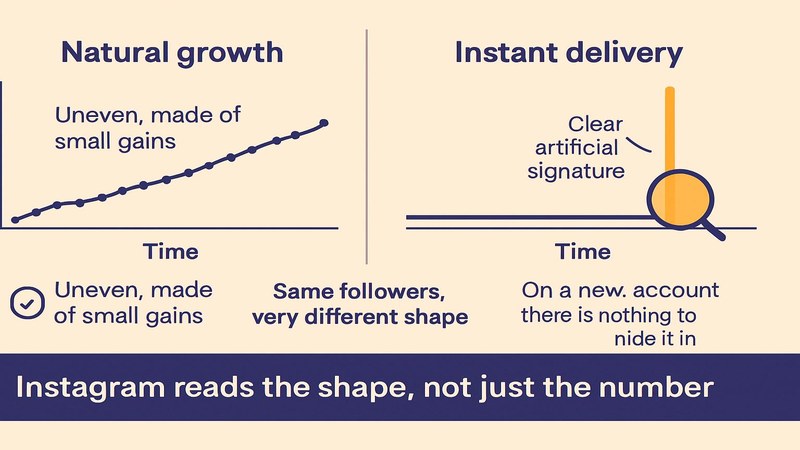 How natural uneven follower growth differs from an instant vertical spike that signals a purchase — FastGrow delivers Instagram services with gradual delivery