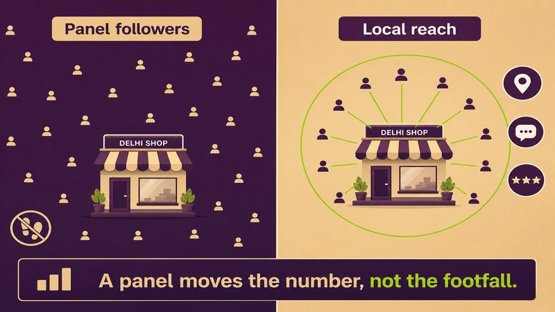 Why panel followers are not local reach in Delhi — FastGrow delivers social media services for shop owners weighing social proof against footfall