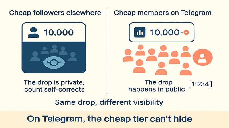 How a cheap-tier drop stays hidden elsewhere but shows publicly on Telegram — FastGrow delivers Telegram services for channels choosing the right tier