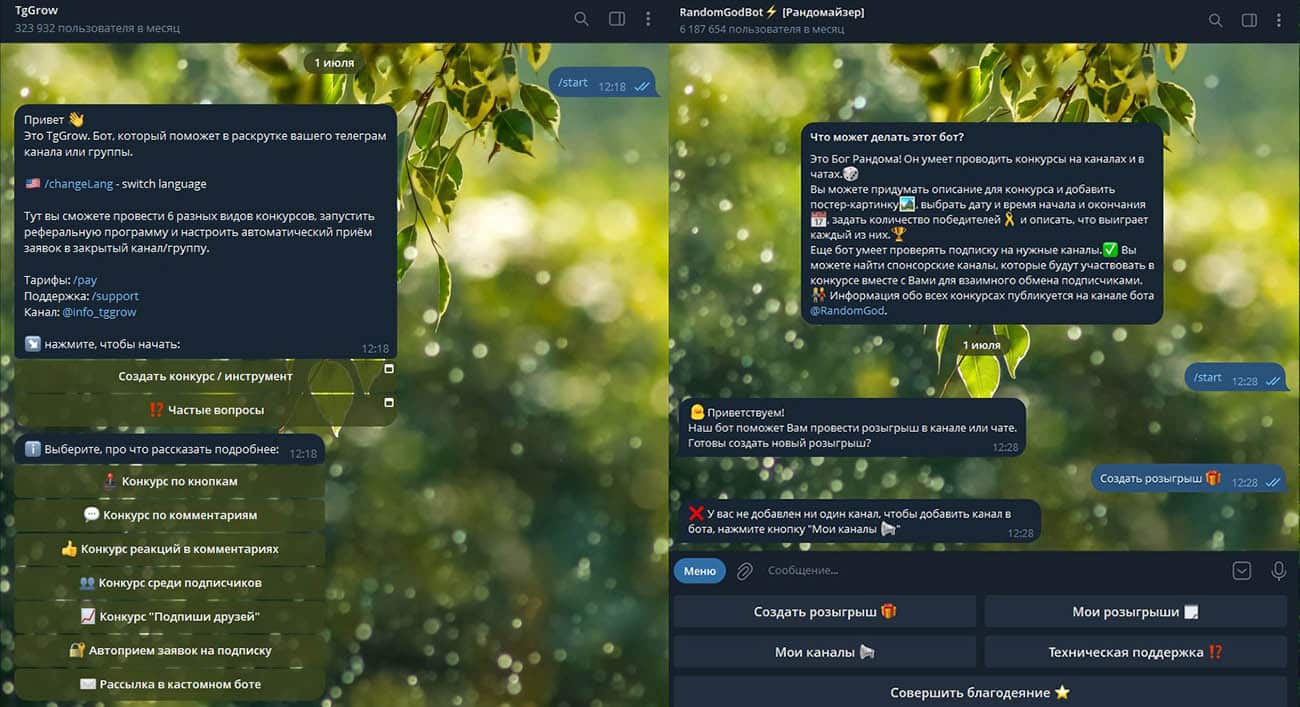 Интерфейс ботов TgGrow и RandomGodBot для проведения конкурсов в ТГ
