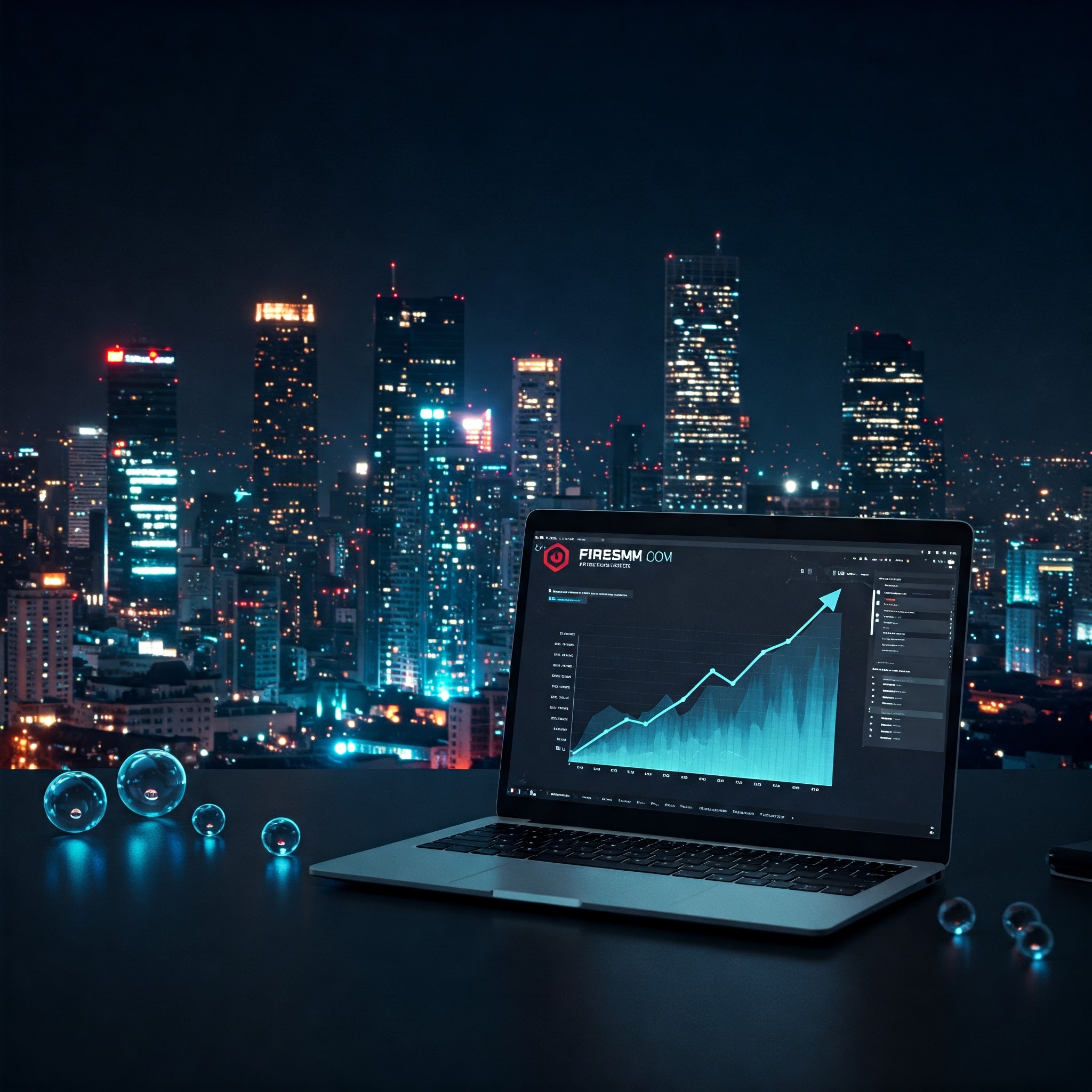 Futuristic cityscape at night with glowing skyscrapers and holographic displays. A laptop with the firesmm.com logo displays an upward-trending graph, symbolizing successful SEO results in 2025. The laptop is on a modern desk in a dimly lit room, with glowing orbs nearby, suggesting innovation.