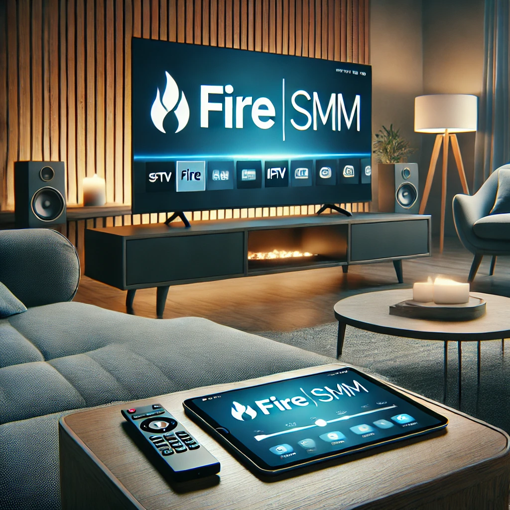 Modern living room with a large flat-screen TV displaying the FIRE SMM logo, accompanied by a smartphone and tablet showing a streaming service interface, reflecting the convenience and high-tech nature of IPTV services.