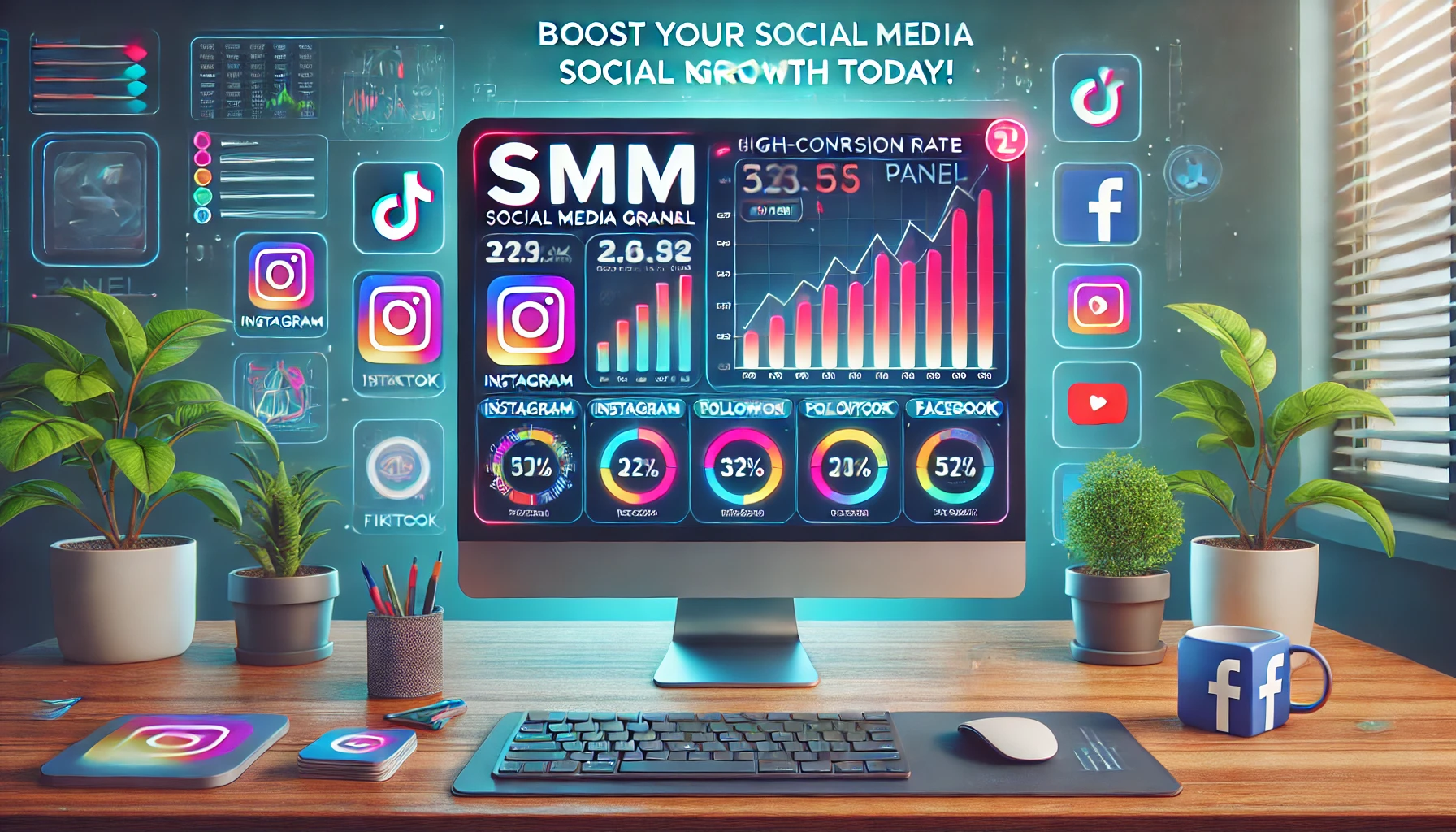 Illustration of a digital workspace featuring a computer screen displaying an SMM panel dashboard with analytics graphs, follower counts, and engagement metrics. Surrounding the screen are icons of major social media platforms like Instagram, TikTok, and Facebook. The image includes a vibrant color scheme and a subtle overlay text reading 'Boost Your Social Media Growth Today!' to encourage user engagement.