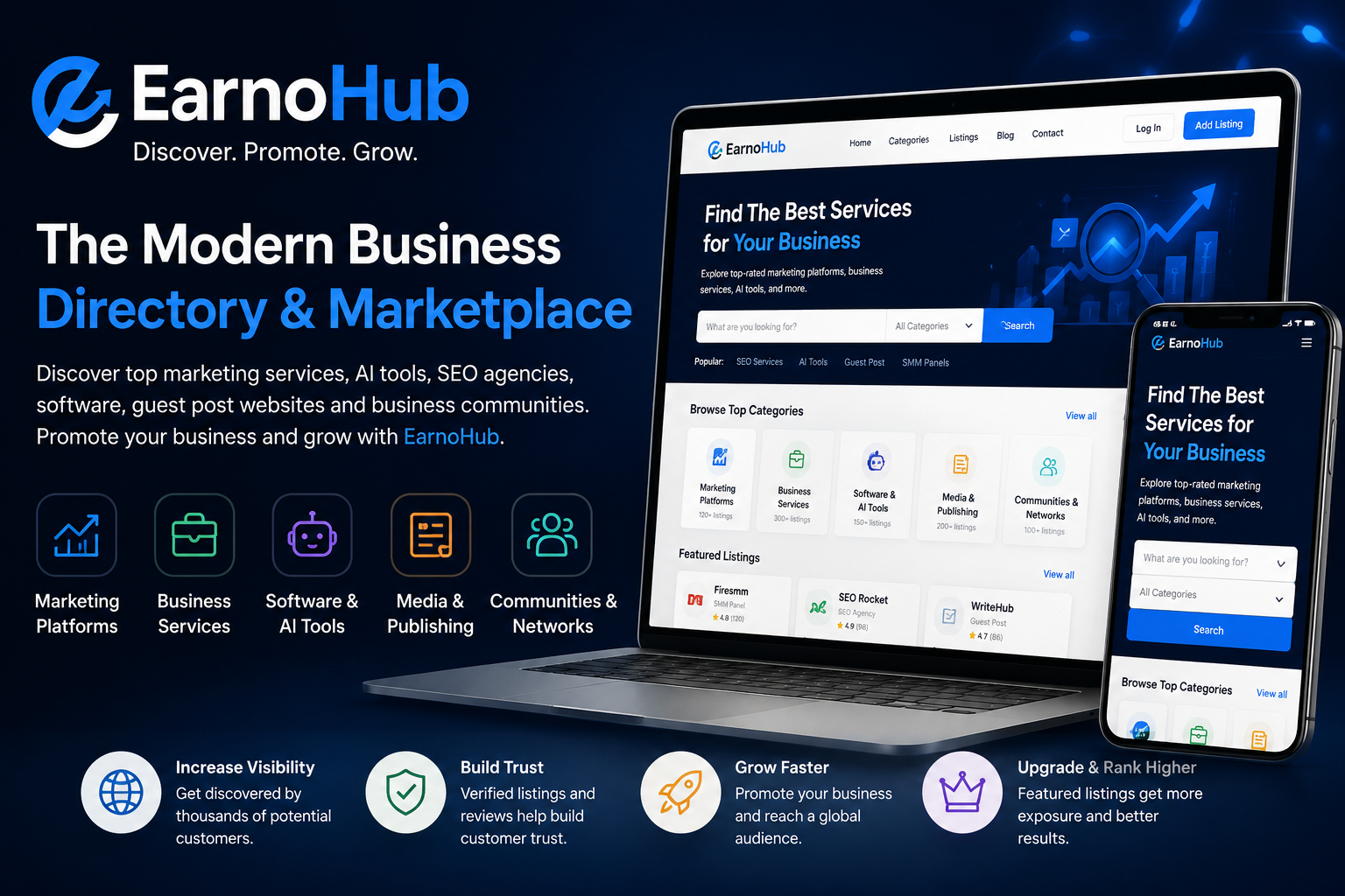 EarnoHub modern business directory banner showcasing digital marketing services, AI tools, SEO platforms, and online business growth solutions