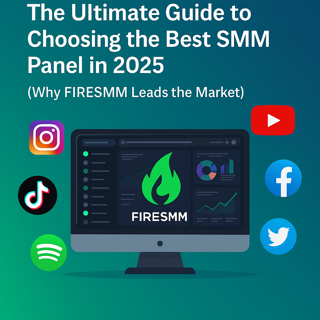 The Ultimate Guide to Choosing the Best SMM Panel in 2025 – FIRESMM featured image with computer dashboard, social media icons (Instagram, TikTok, YouTube, Facebook, Twitter), and FIRESMM branding highlighting social media growth and marketing services.