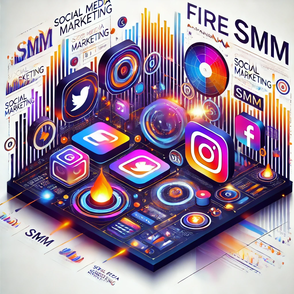 Illustration of social media marketing platforms like Instagram, Twitter, and Snapchat with digital growth symbols, representing FIRESMM's SMM panel services for boosting online presence.