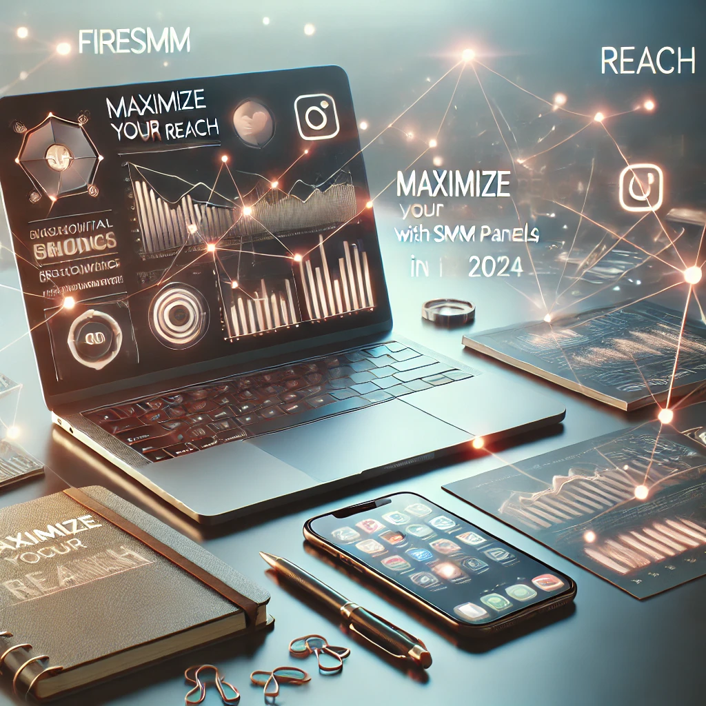 Digital marketing setup with analytics graphs, social media apps, and notes on engagement strategies, illustrating the benefits of using an SMM panel like FIRESMM in 2024.