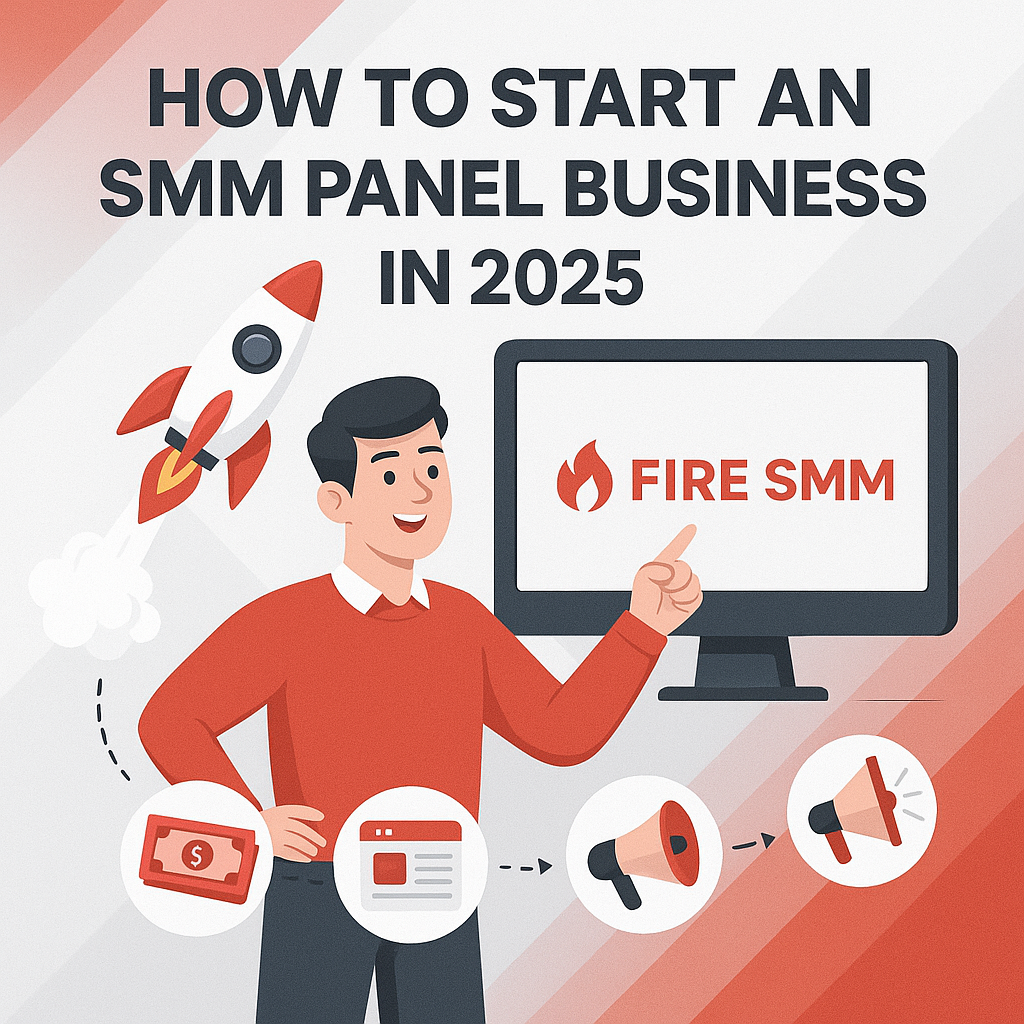 How to Start an SMM Panel Business & Make $10K/Month Illustration showing a person launching an online business using an SMM panel, with dashboard visuals, FIRE SMM branding, and digital marketing icons.