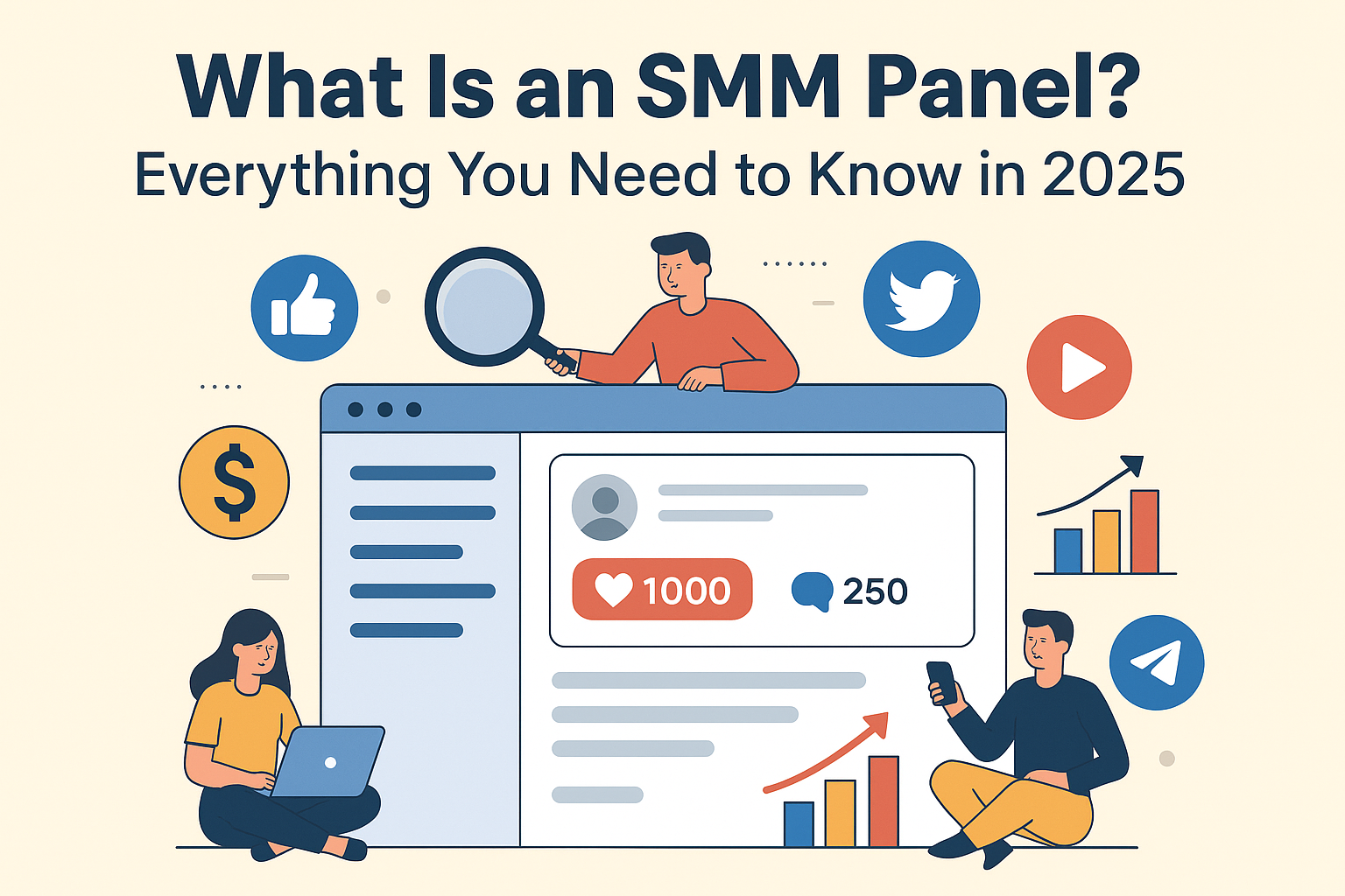 What Is an SMM Panel? Everything You Need to Know in 2025 Illustration showing a digital interface of an SMM panel with social media icons, user engagement metrics, and people interacting online — titled