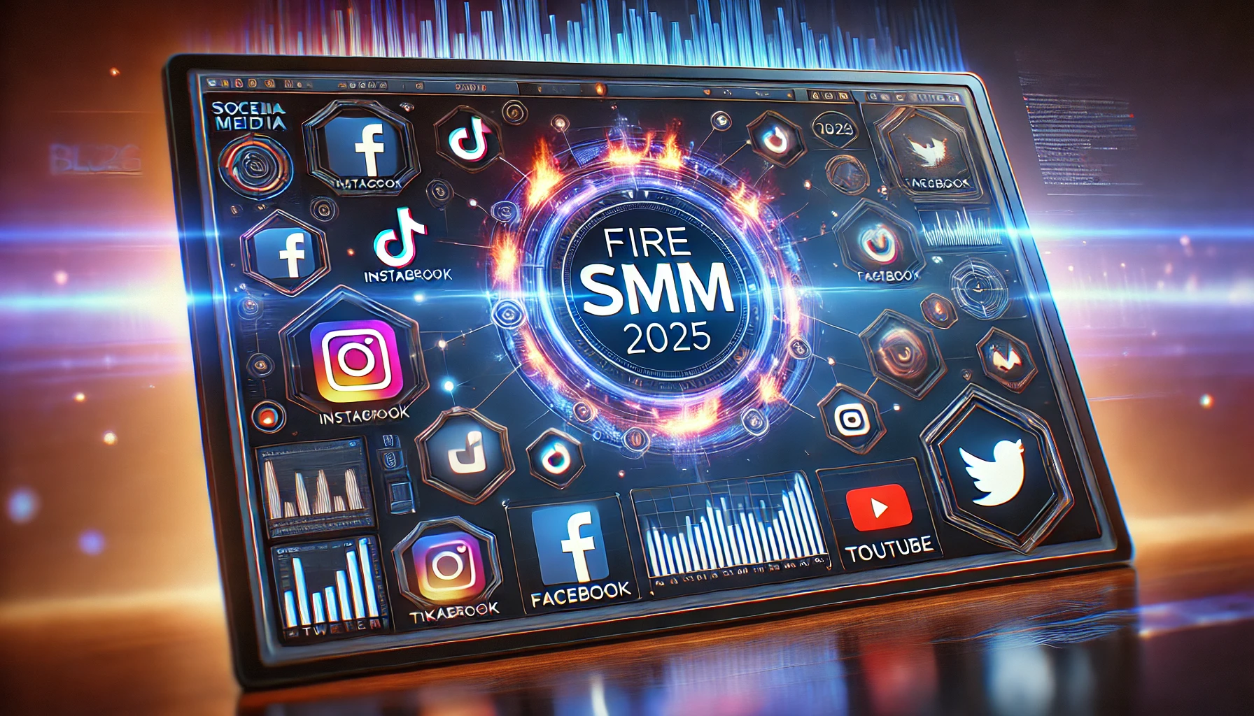 Best SMM Panel in 2025 – Top 10 Providers Digital illustration comparing top SMM panels of 2025, featuring ranking badges, social media icons, and FIRE SMM branding elements.