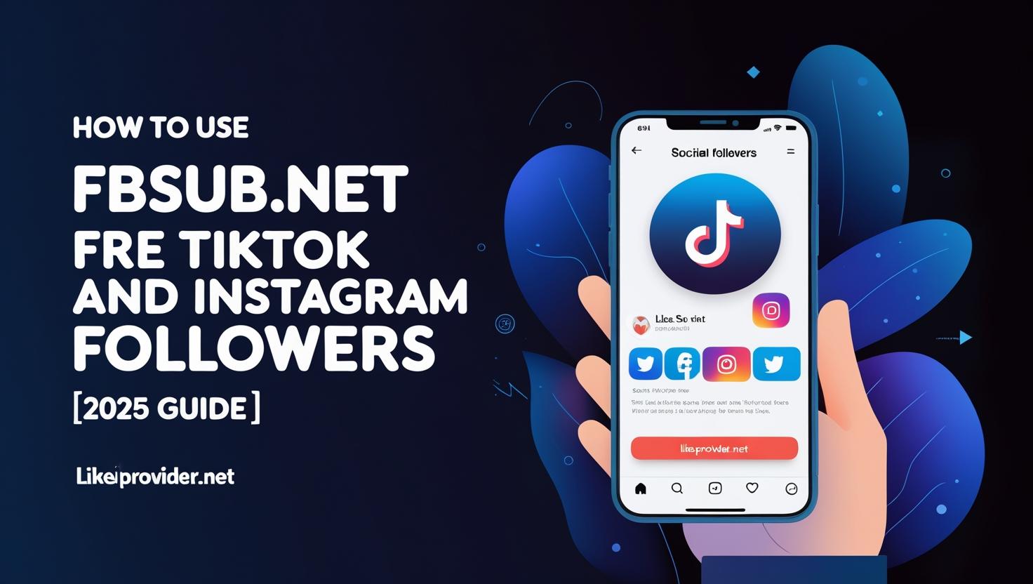 Banner showing “How to Use fbsub.net for Free TikTok and Instagram Followers [2025 Guide]” with a modern smartphone displaying social media icons, including TikTok and Instagram, and Likeprovider.net branding on a dark blue background.