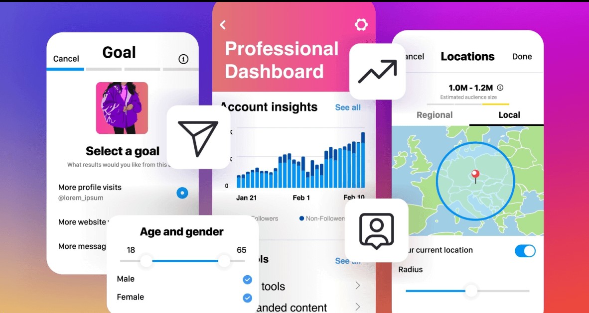 Schematic: open the app menu or your profile, then tap Insights to see your account overview and tabs.