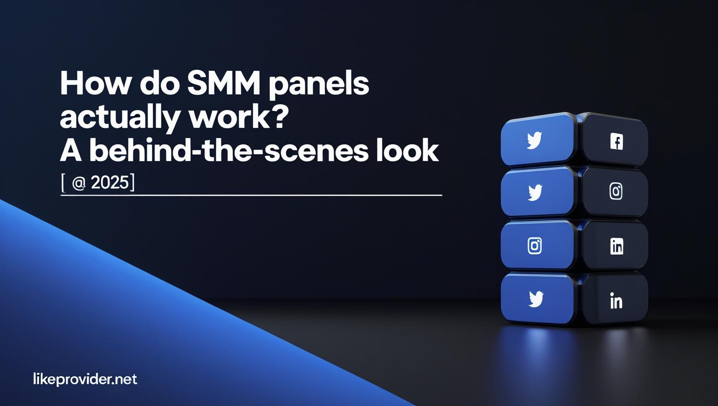 How Do SMM Panels Actually Work? Behind-the-Scenes Look [2025] – Minimal dark blue background, white dashboard icon, modern tech/panel theme, small “likeprovider.net” detail centered at the bottom.