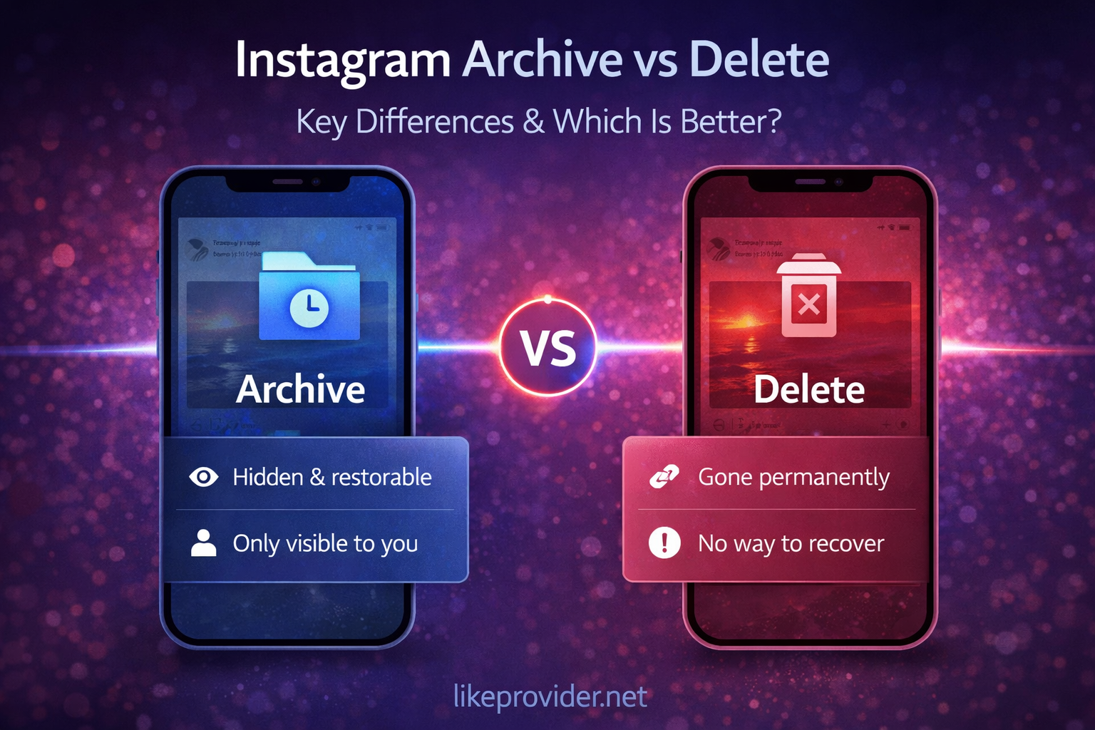 Instagram Archive vs Delete 2026 – key differences: archive hides post, delete removes permanently