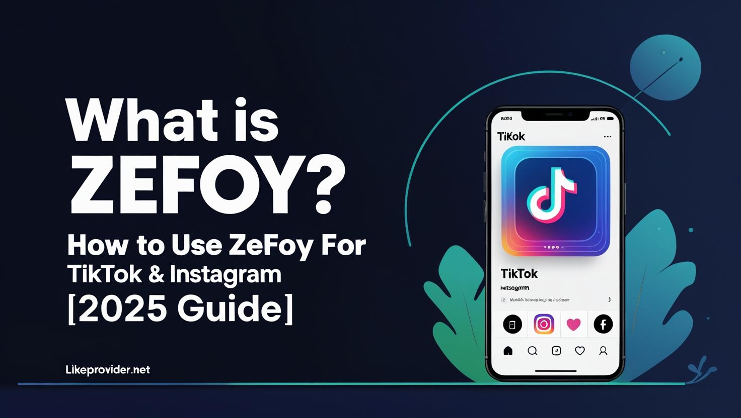 Banner featuring “What is Zefoy? How to Use Zefoy for TikTok & Instagram [2025 Guide]” with a modern TikTok app interface and Likeprovider.net branding on a dark blue background.