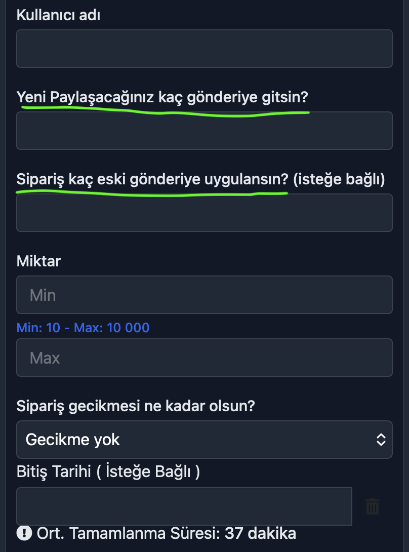 Gelecek veya geçmiş paylaşımlara toplu beğeni sipariş ekranı