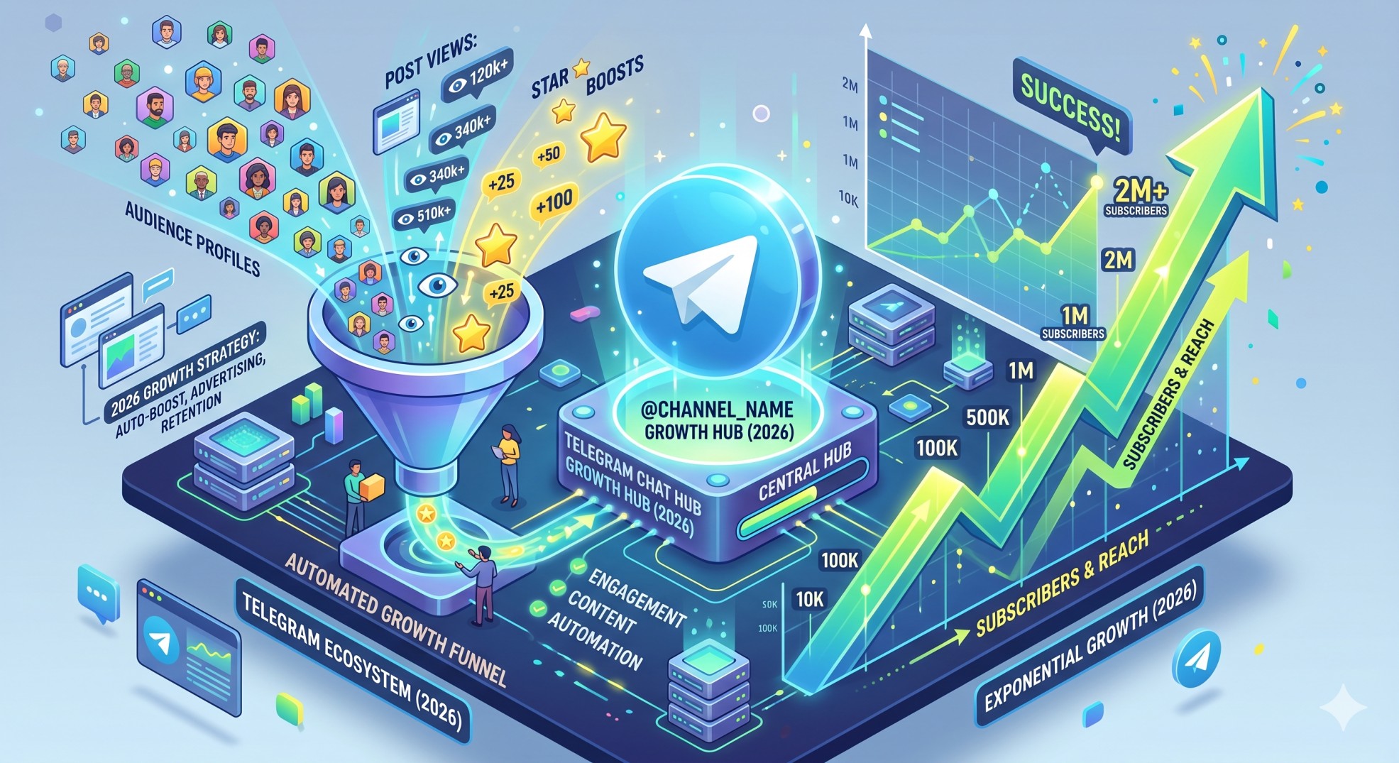 An isometric 3D illustration visualizing a automated 2026 growth strategy for Telegram channels, showing profile avatars, views, and star boosts being funneled into a central glowing chat hub with an immense upward-trending success graph.
