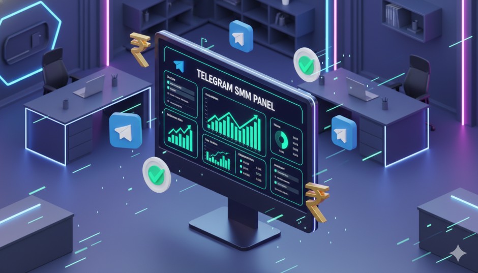 Professional 2026 SMM Panel dashboard displaying Telegram channel growth statistics, Indian Rupee symbols, and high-retention service metrics.