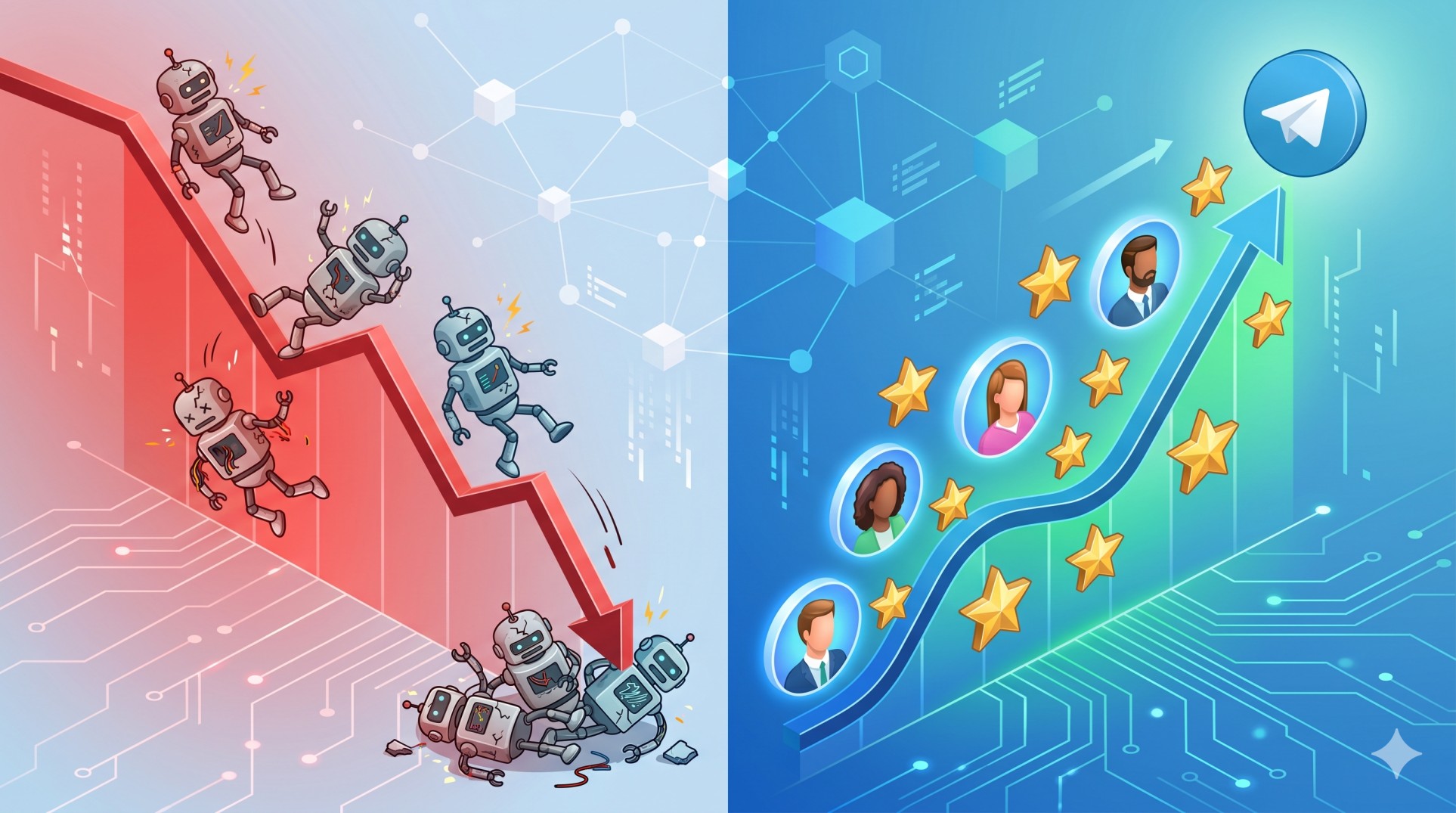 An isometric 3D illustration showing a comparison between a red warning side with robotic, grayed-out fake bot avatars and a green verified side with vibrant, real user avatars flowing into a Telegram channel.