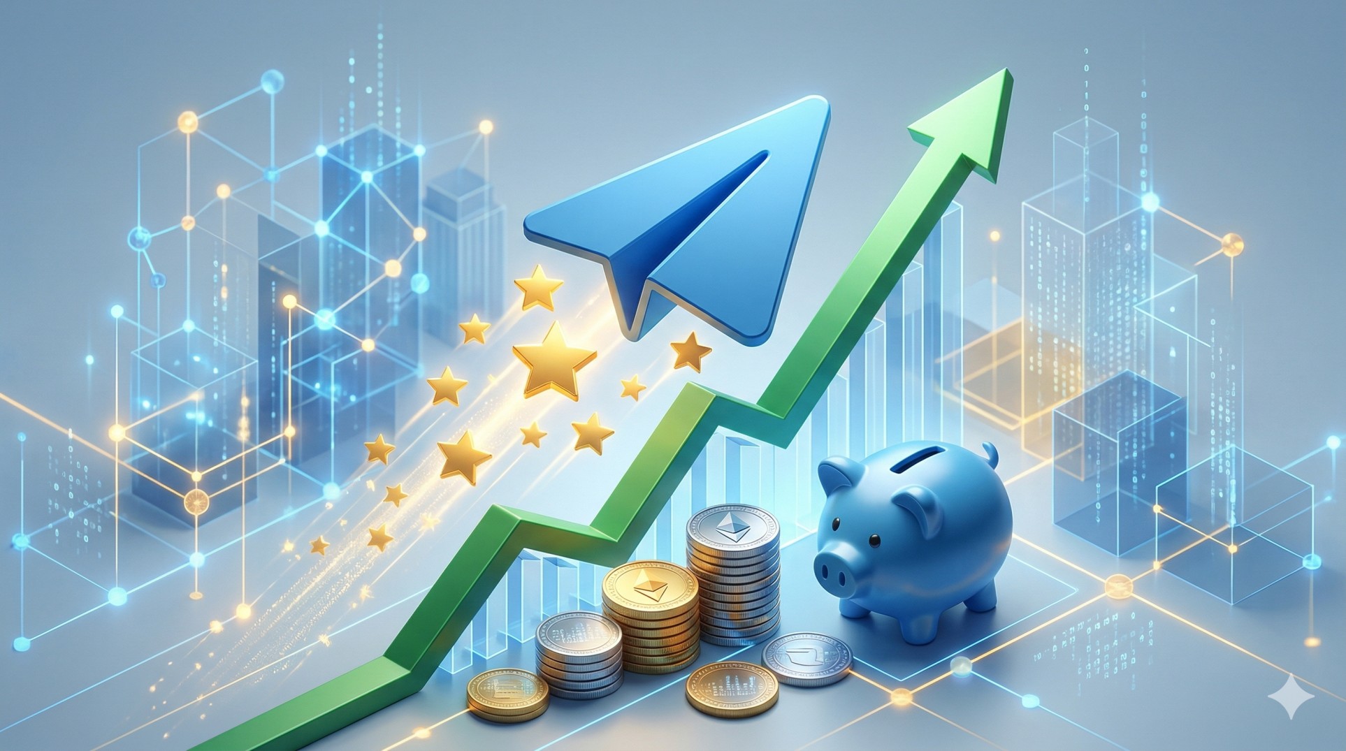 An isometric 3D illustration representing the cheapest SMM panel for Telegram, showing a blue Telegram plane flying up a growth graph with coins and boost stars.