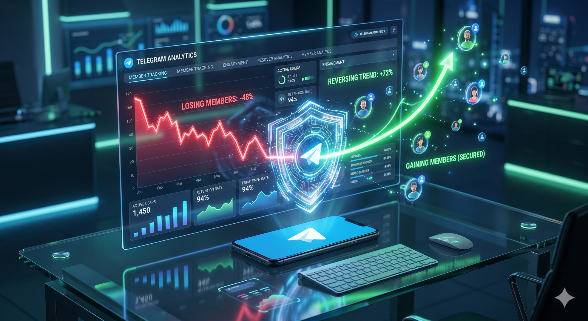 3D digital analytics dashboard showing a declining red graph being reversed into a green growth line, illustrating how to stop losing Telegram members and stabilize channel retention.