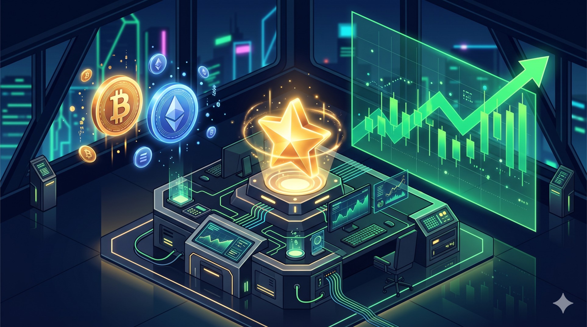 Isometric 3D illustration of a glowing Telegram Premium star symbol surrounded by crypto coins and an upward-trending financial graph.