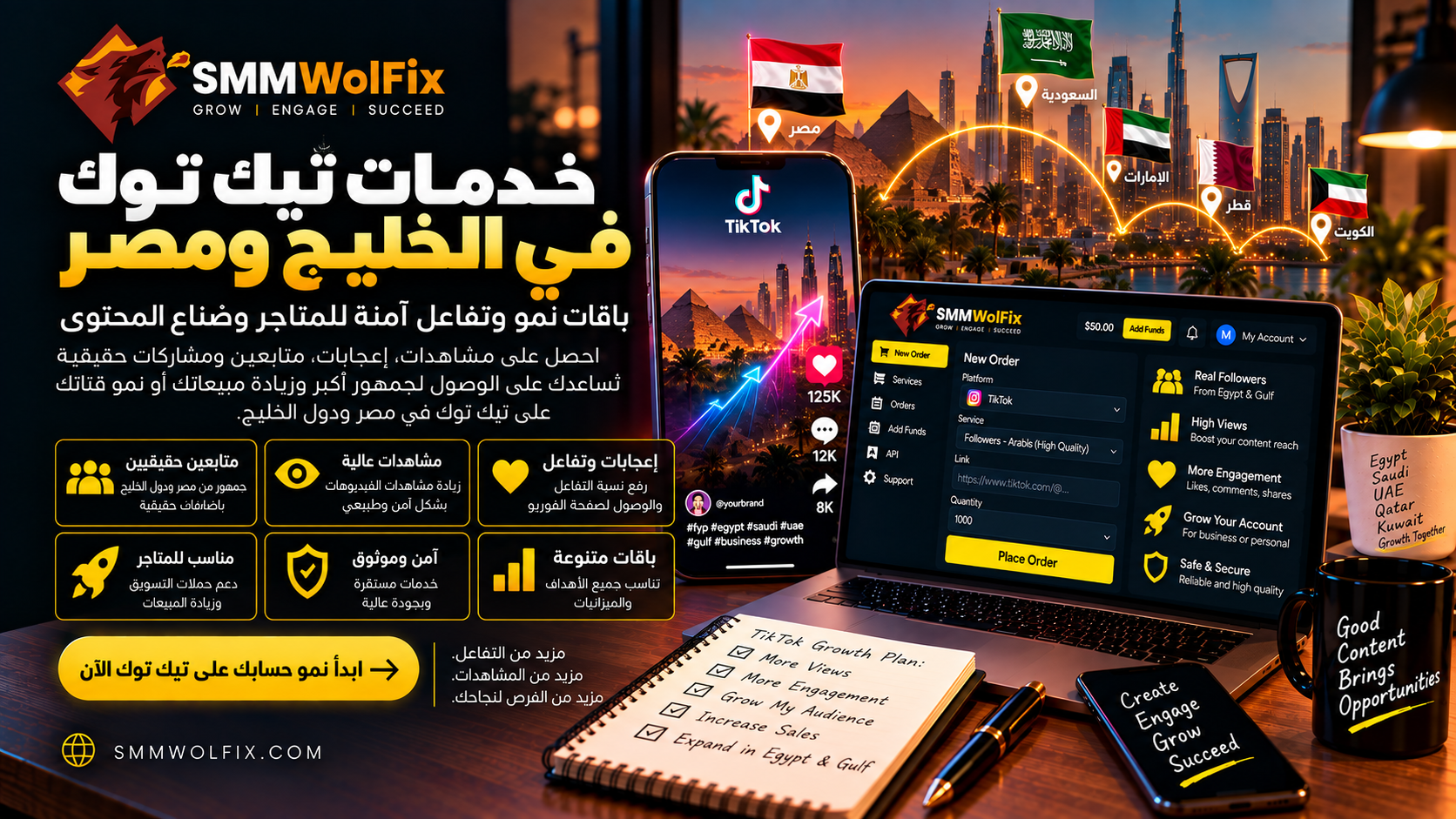 خدمات تيك توك في الخليج ومصر: باقات نمو وتفاعل آمنة للمتاجر وصنّاع المحتوى