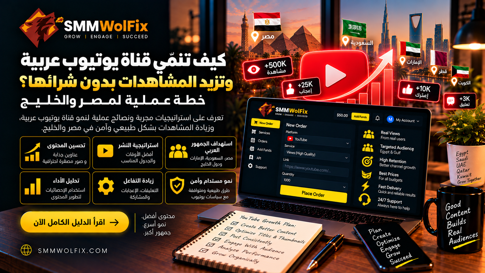 كيف تنمّي قناة يوتيوب عربية وتزيد المشاهدات بدون شراءها؟ خطة عملية لمصر والخليج