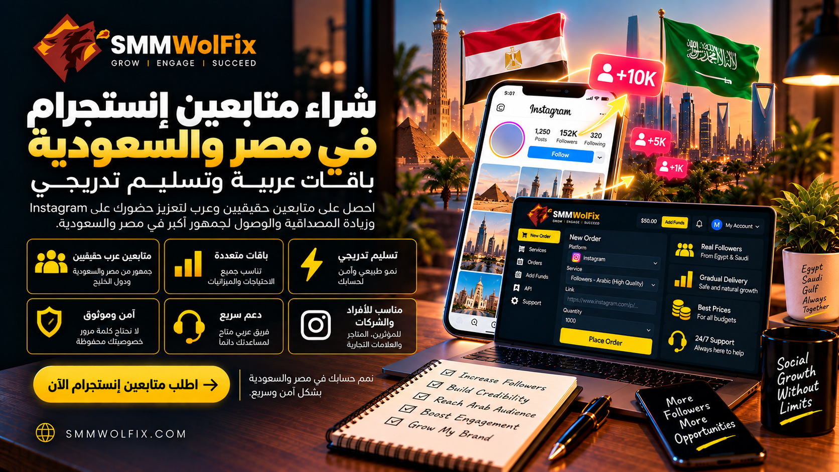شراء متابعين إنستجرام في مصر والسعودية: باقات عربية وتسليم تدريجي