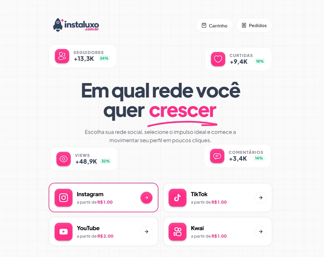 Painel Instaluxo aberto no navegador, mostrando o painel de revenda de seguidores