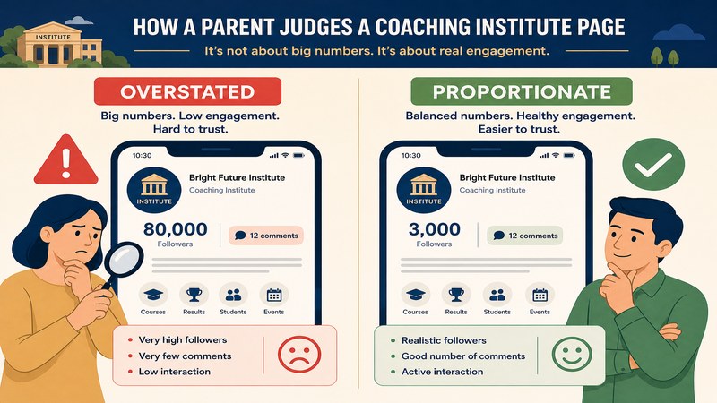 Overstated versus proportionate follower engagement on a coaching institute page as judged by a researching parent — GreatSMM guidance