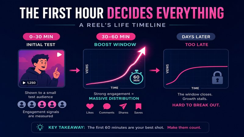 First-hour timeline showing why timing matters when buying Instagram Reels views — GreatSMM reel view timing explained for US accounts