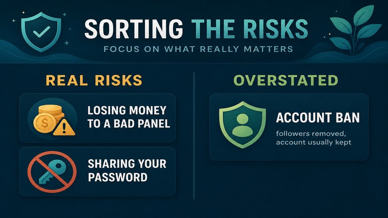 SMM panel risks sorted into real risks of losing money or sharing a password versus the overstated fear of an account ban — GreatSMM safety guide