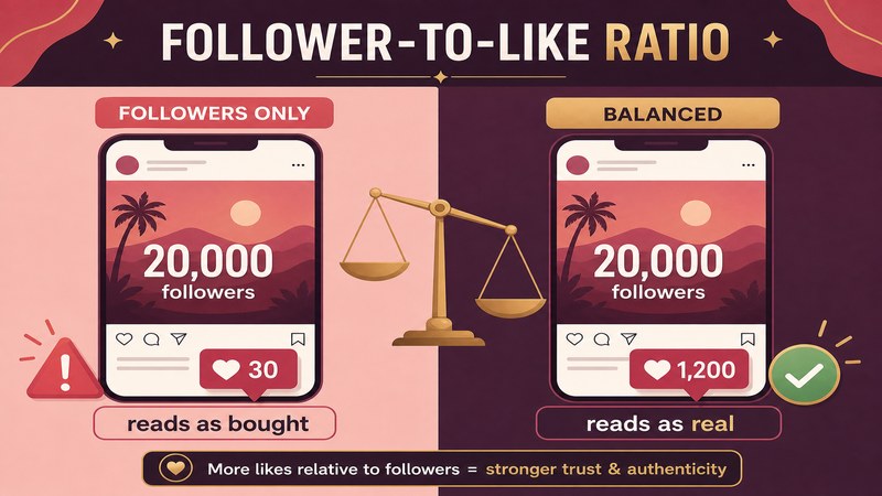 Followers-only page with too few likes reading as bought versus a balanced follower-to-like ratio reading as real — GreatSMM explained