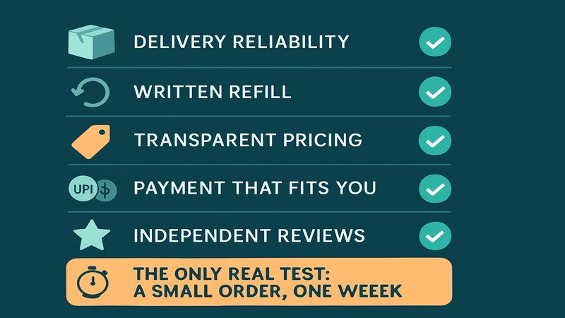 Five-point SMM panel comparison checklist covering delivery reliability, written refill, transparent pricing, payment fit and independent reviews, with a small test order as the real test — GreatSMM explained