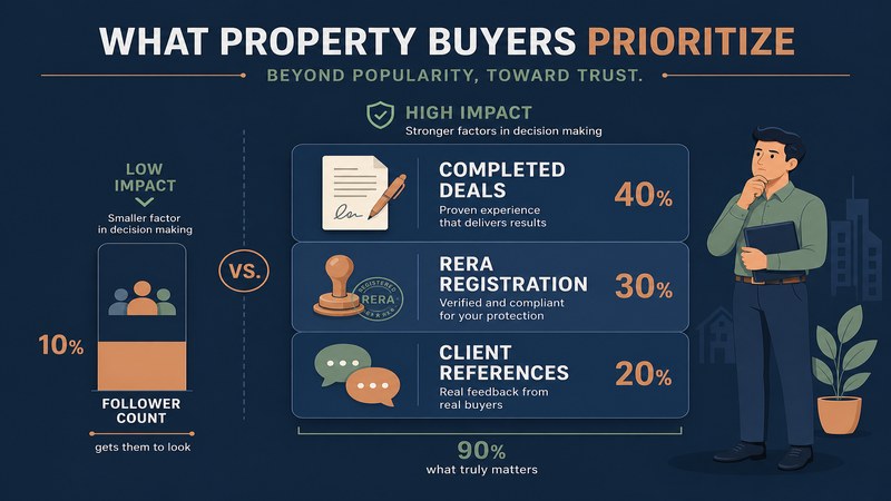 What a property buyer weighs when choosing an agent compared with follower count — GreatSMM guidance on track record over followers