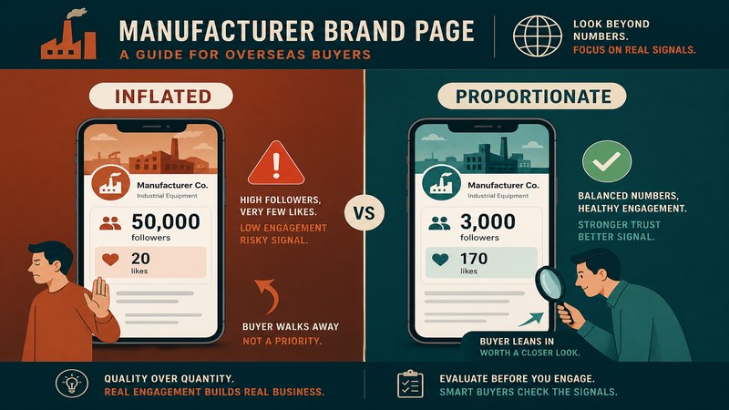 Inflated versus proportionate follower engagement on a manufacturer page as judged by an overseas buyer — GreatSMM credibility guidance