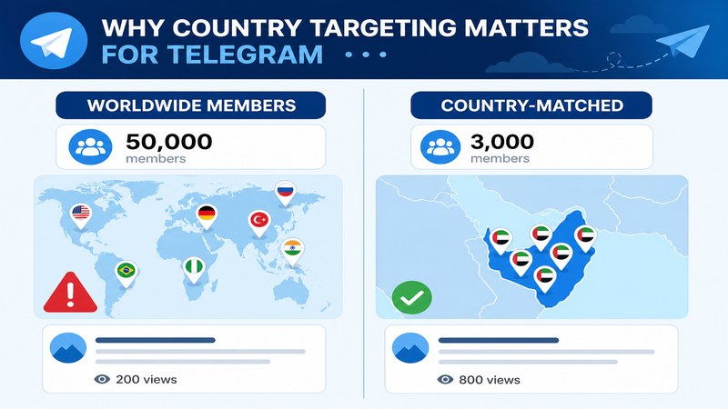 Mismatched worldwide Telegram members versus country-matched members and their effect on post views — GreatSMM targeting explained