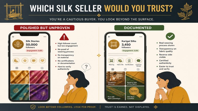 Polished but unproven versus documented silk seller page as judged by a cautious buyer — GreatSMM guidance on proof over follower count