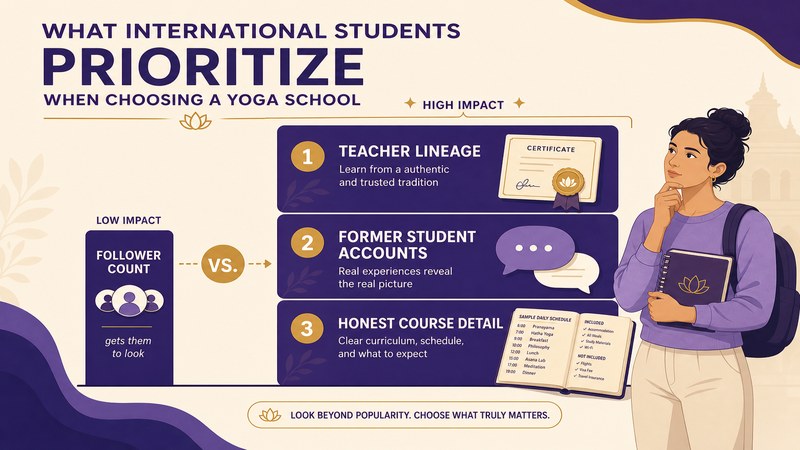 What an international student weighs when choosing a Mysore yoga school compared with follower count — GreatSMM guidance on credentials over followers