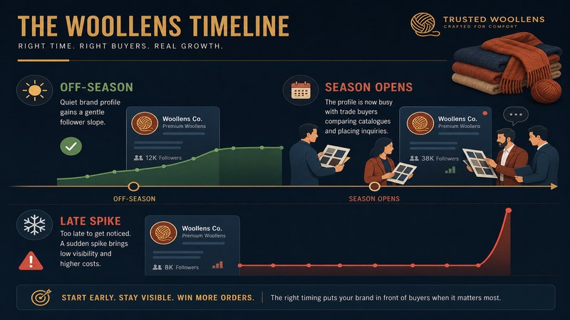 Seasonal timeline showing why a woollens manufacturer should stage its page in the off-season rather than at peak — GreatSMM timing guidance