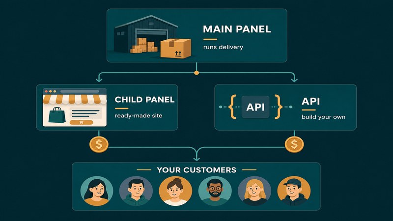 Supply-chain diagram showing a main panel feeding both a child panel storefront and API access, which serve the reseller's own customers — GreatSMM explained