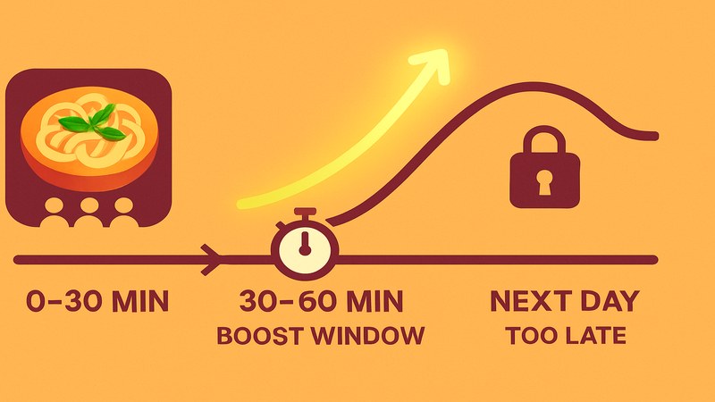 First-hour timeline showing when to boost a food reel for best reach — GreatSMM reel view timing guidance for Indore businesses