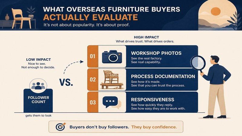 What an overseas furniture buyer weighs most when assessing a Jodhpur exporter page — GreatSMM guidance on follower count versus documentation