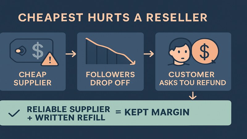 Flow showing how a cheap unreliable supplier leads to dropped followers, customer refunds and lost margin, versus a reliable supplier with written refills keeping margin — GreatSMM explained for API resellers