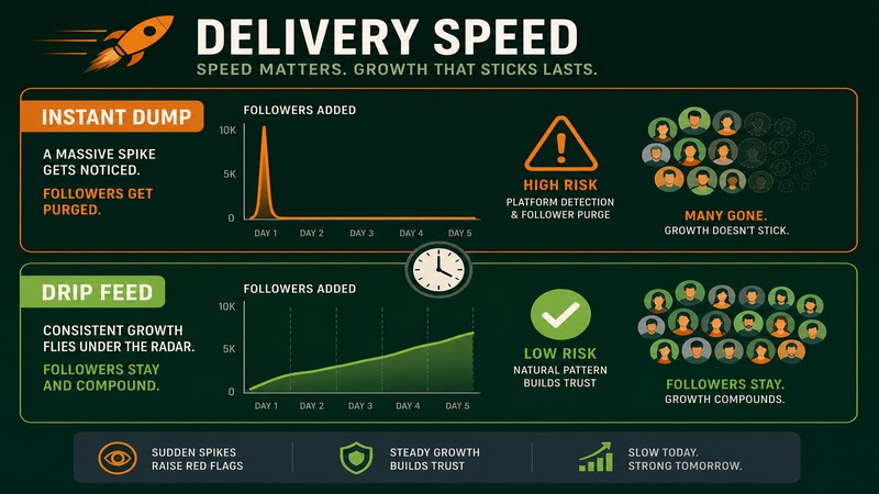 Instant bulk delivery versus drip-fed follower delivery and their different outcomes — GreatSMM delivery quality explained
