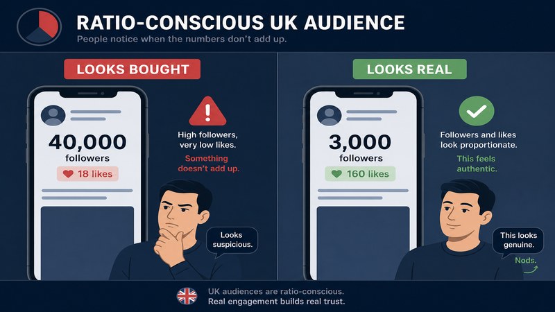 How a ratio-conscious UK audience reads a bought-looking follower count versus a proportionate one — GreatSMM guidance for British accounts