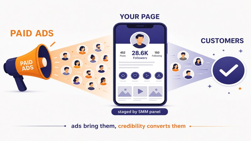 Funnel showing paid ads bringing new visitors to a page staged for credibility by an SMM panel, then converting to customers — GreatSMM explained
